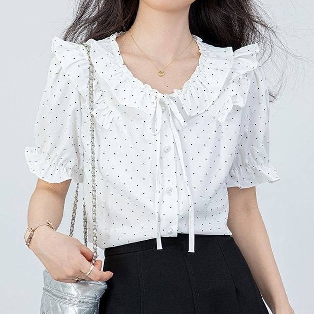 Lady Jean-Short-Sleeve Ruffle Collar Micro Dot Button-Up Blouse