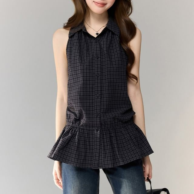 Lady Jean-Sleeveless Plaid Flowy Shirt