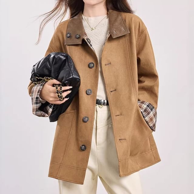 Lady Jean-Stand Collar Plaid Panel Button-Up Trench Coat