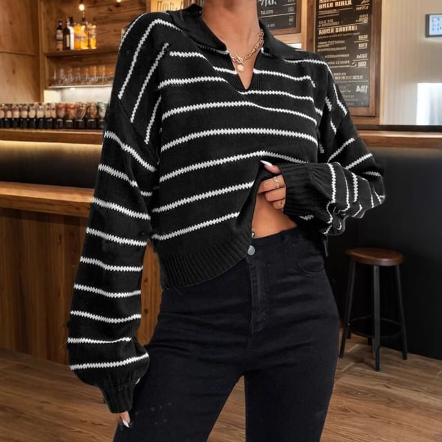 LaLaLadies-Collared V-Neck Striped Sweater