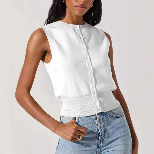 LaLaLadies-Crew Neck Button-Up Plain Sweater Vest
