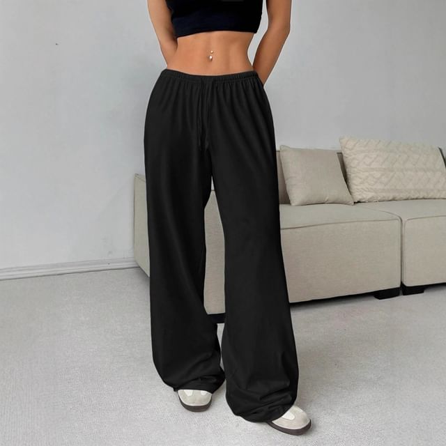 LaLaLadies-Drawstring Waist Plain Wide Leg Pants