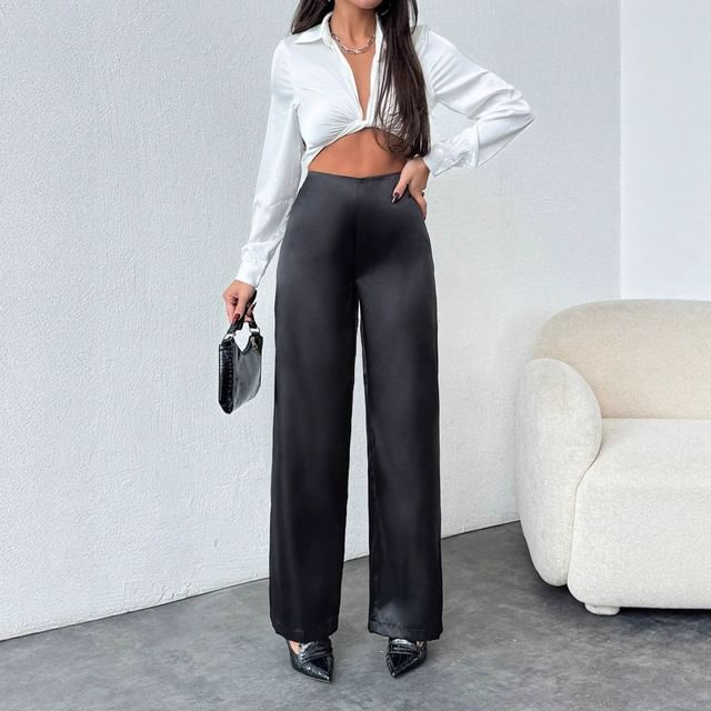 LaLaLadies-High Rise Plain Wide Leg Pants