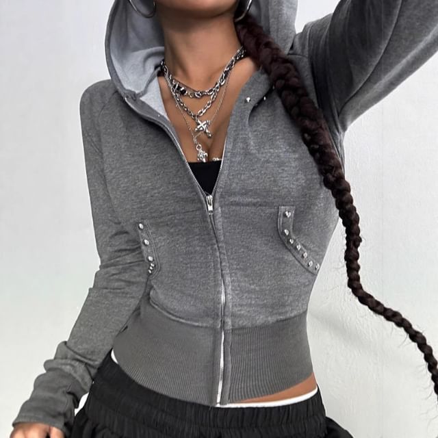 LaLaLadies-Long Sleeve Plain Studded Slim-Fit Zip-Up Jacket