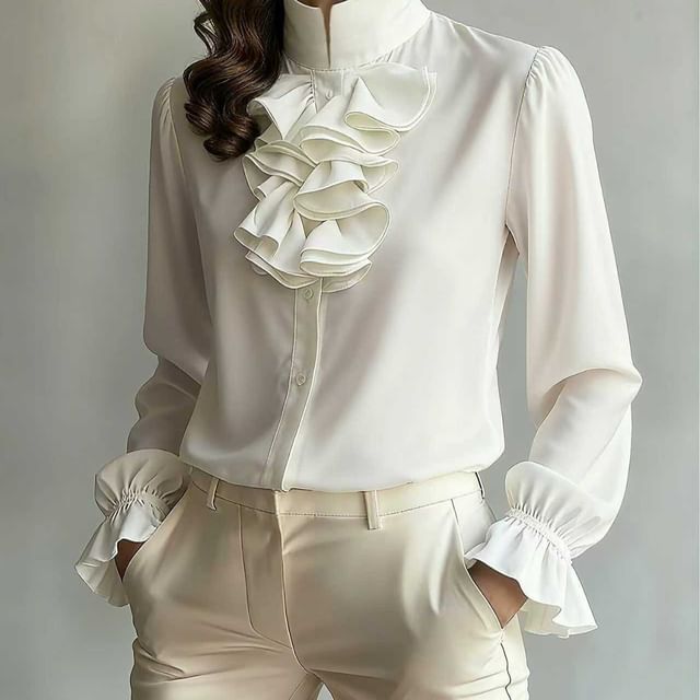 LaLaLadies-Long Sleeve Stand Collar Plain Ruffle Blouse