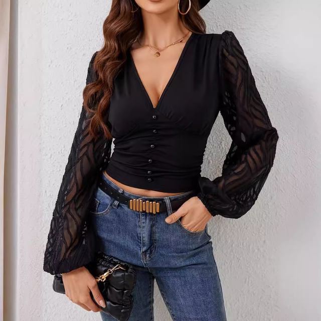 LaLaLadies-Long-Sleeve V-Neck Plain Sheer Panel Top