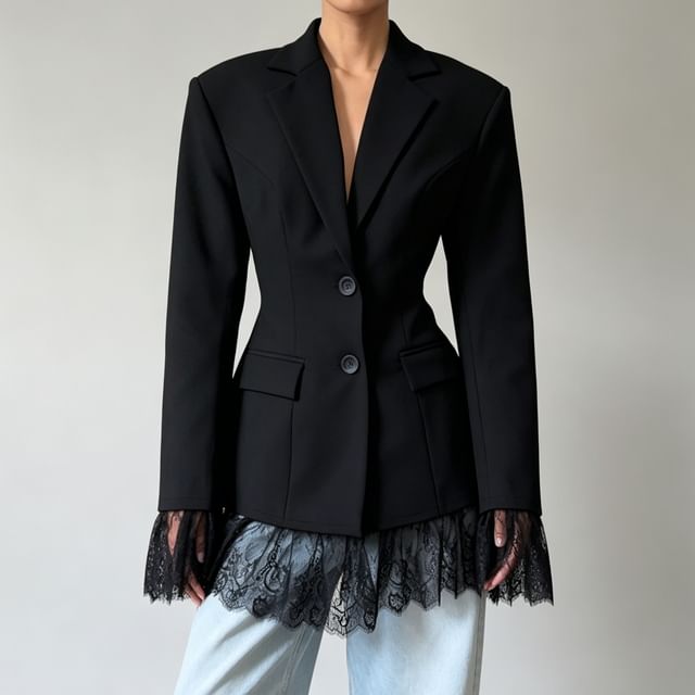 LaLaLadies-Notch Lapel Plain Panel Lace Single Breasted Blazer