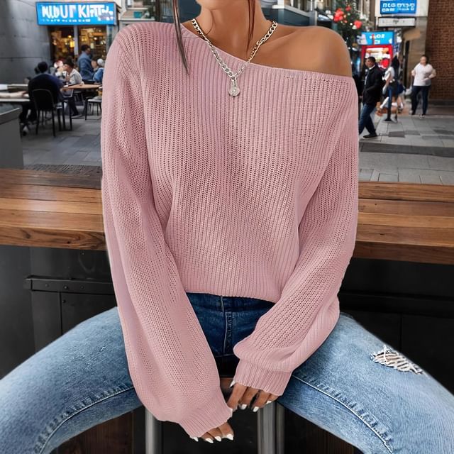 LaLaLadies-Off Shoulder Plain Ribbed Knit Sweater