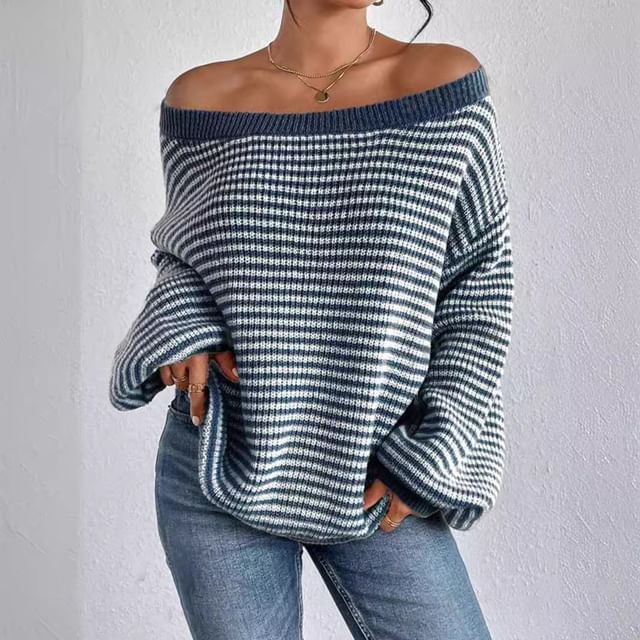 LaLaLadies-Off Shoulder Striped Oversized Sweater