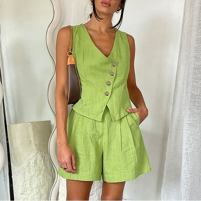 LaLaLadies-Set Sleeveless V-Neck Plain Button Up Top High Waist Plain Wide Leg Shorts