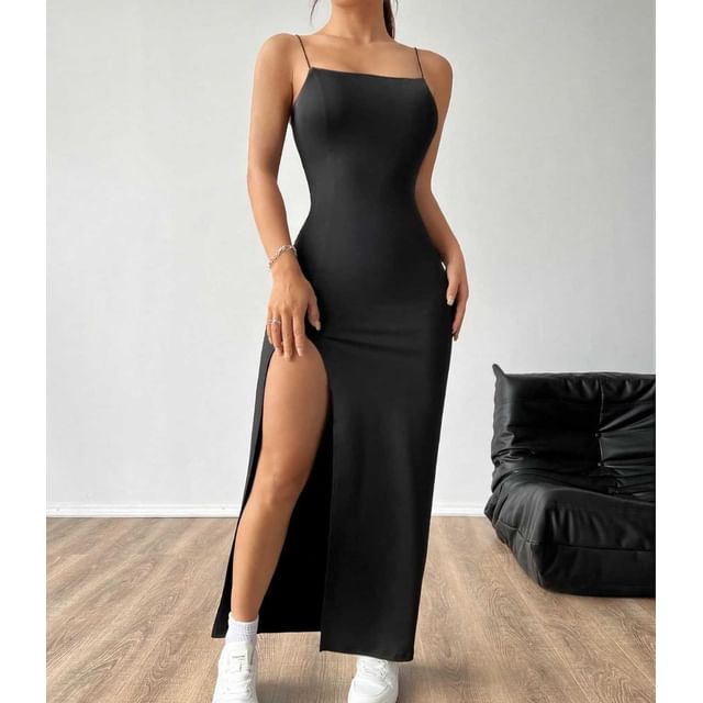 LaLaLadies-Spaghetti Strap Plain Open-Back Slit Maxi Bodycon Dress