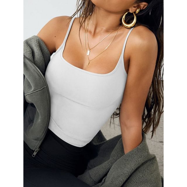LaLaLadies-Spaghetti Strap Scoop Neck Plain Camisole Top
