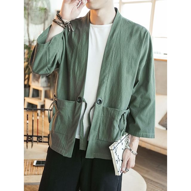Lefitt-34 Sleeve Plain Grommet Tie Front Jacket