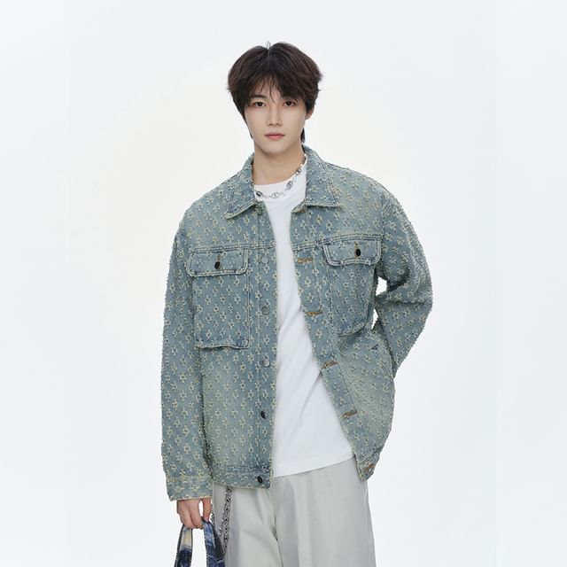 Lefitt-Collar Distressed Denim Button Jacket