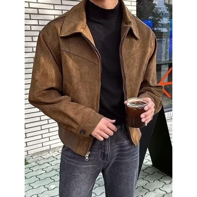 Lefitt-Collared Drop Shoulder Plain Faux Suede Zip Jacket