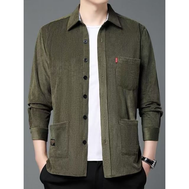 Lefitt-Collared Plain Corduroy Button Up Shirt Jacket