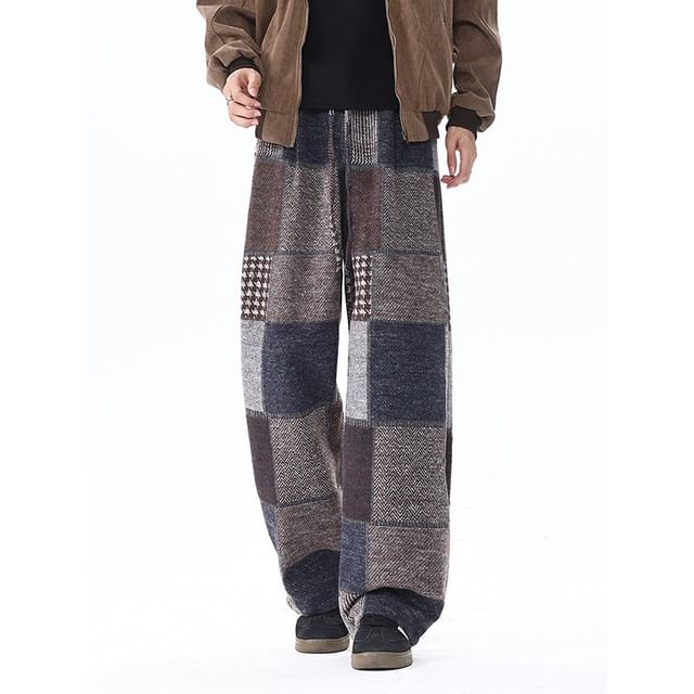 Lefitt-Drawstring Waist Patchwork Wide Leg Pants