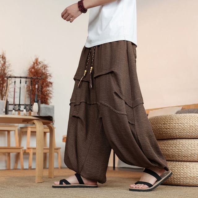 Lefitt-Drawstring Waist Plain Baggy Pants