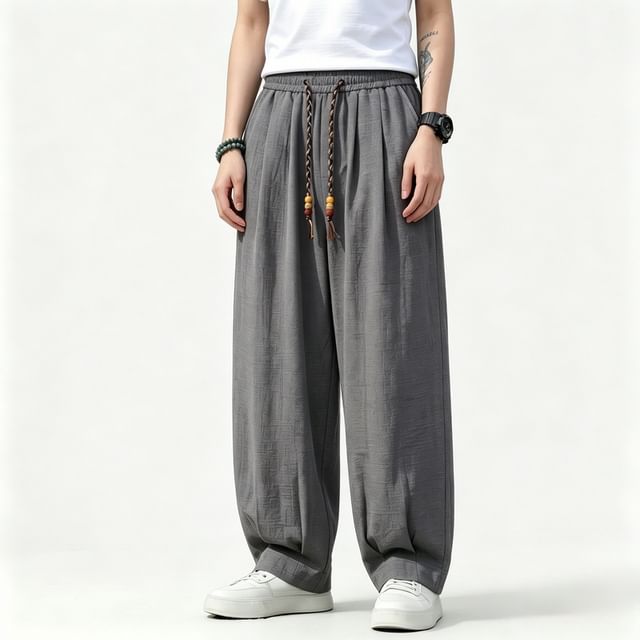 Lefitt-Drawstring Waist Plain Baggy Pants