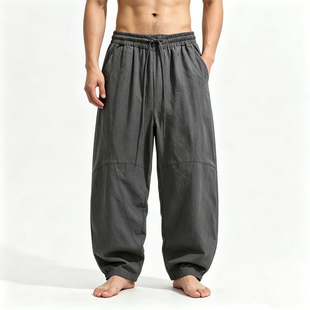 Lefitt-Drawstring Waist Plain Baggy Pants