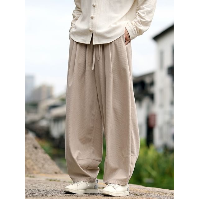 Lefitt-Drawstring Waist Plain Baggy Pants