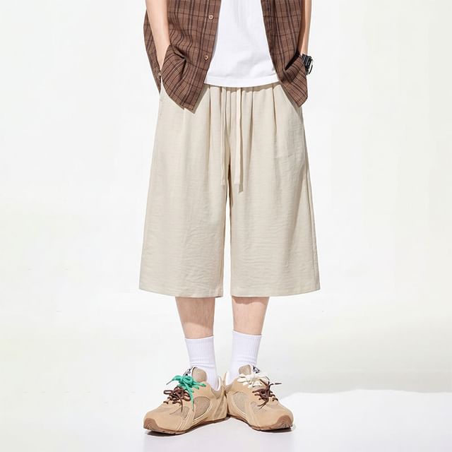 Lefitt-Drawstring Waist Plain Capri Wide Leg Pants