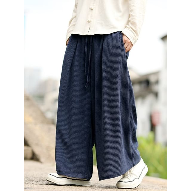 Lefitt-Drawstring Waist Plain Corduroy Wide Leg Pants