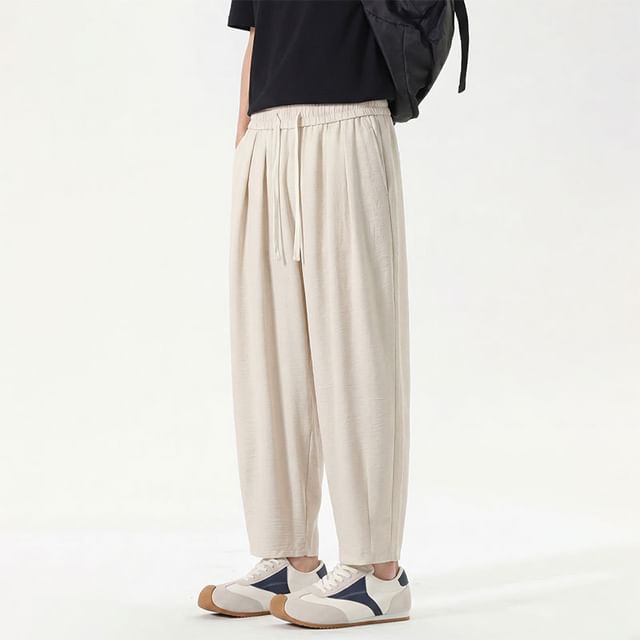 Lefitt-Drawstring Waist Plain Cropped Baggy Pants