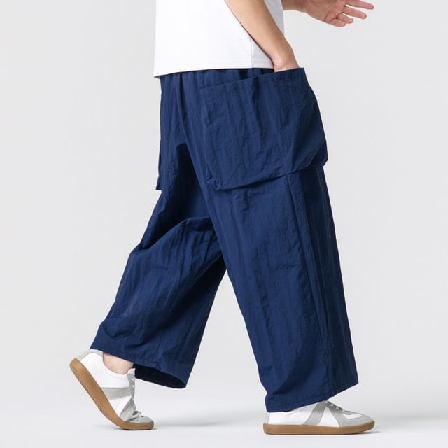 Lefitt-Drawstring Waist Plain Cropped Wide Leg Cargo Pants