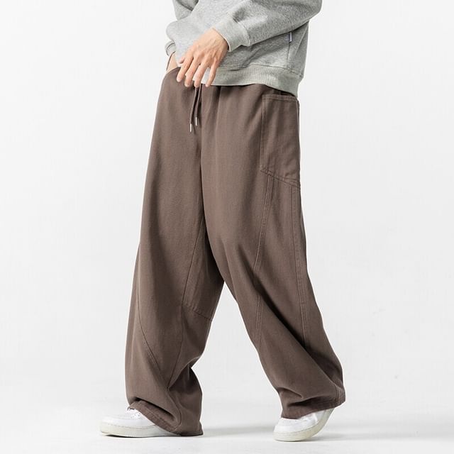 Lefitt-Drawstring Waist Plain Straight Leg Pants