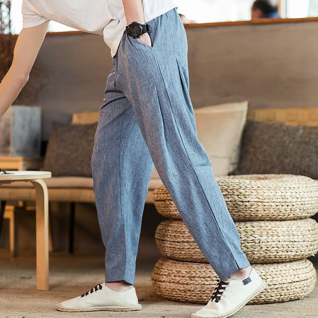 Lefitt-Drawstring Waist Plain Tapered Pants