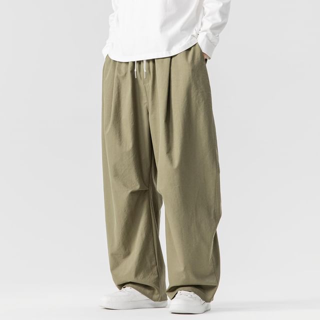 Lefitt-Drawstring Waist Plain Wide Leg Pants