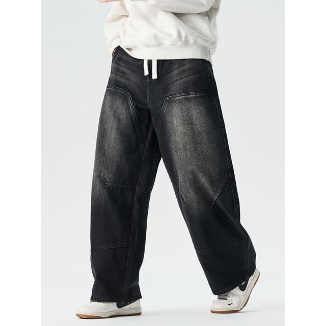 Lefitt-Drawstring Waist Washed Panel Baggy Jeans