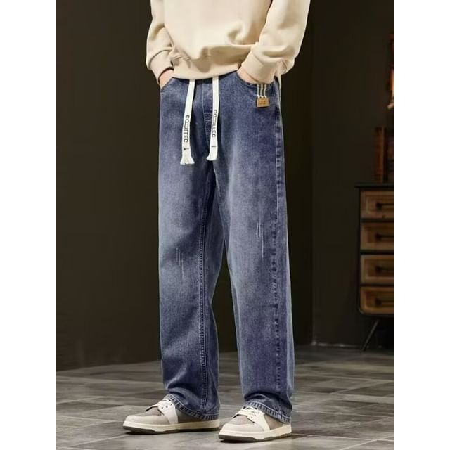 Lefitt-Drawstring Waist Washed Straight Leg Jeans