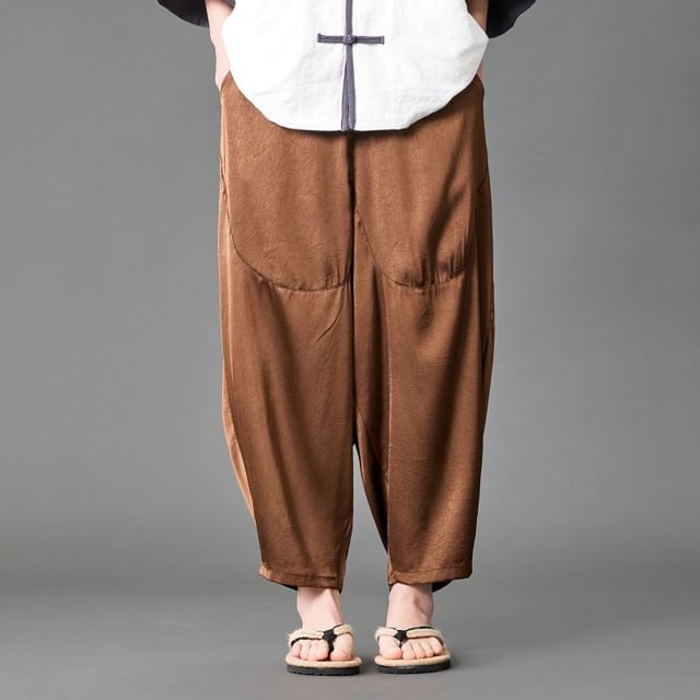 Lefitt-Elastic Waist Plain Harem Pants