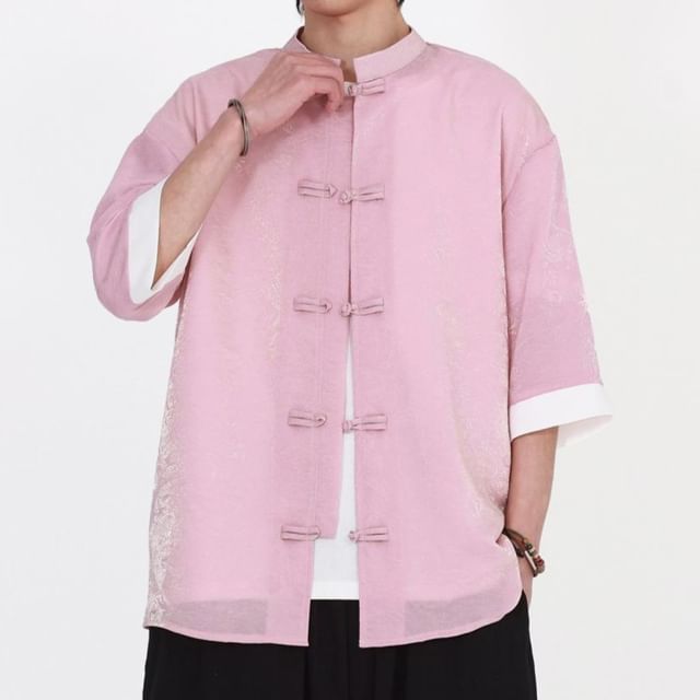 Lefitt-Elbow-Sleeve Band Collar Knot Button Shirt