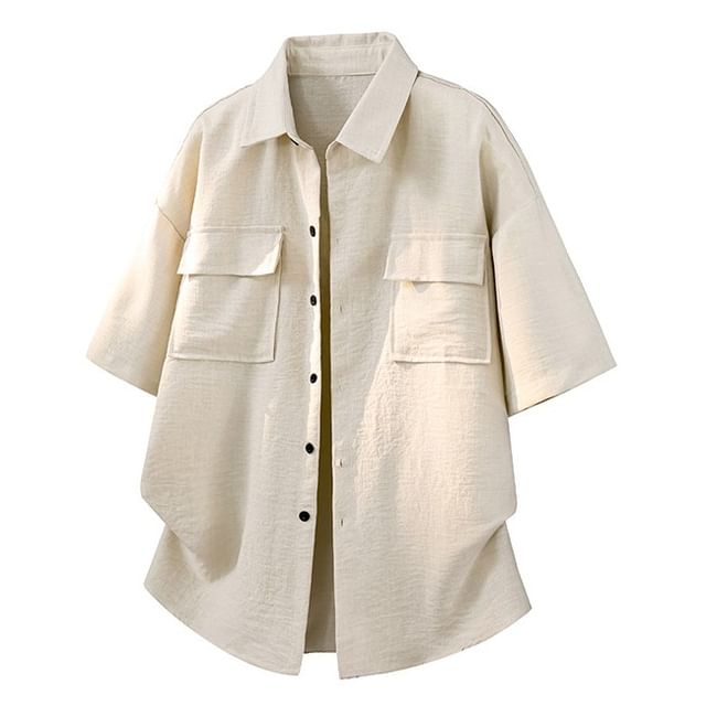 Lefitt-Elbow-Sleeve Button-Up Plain Cargo Shirt