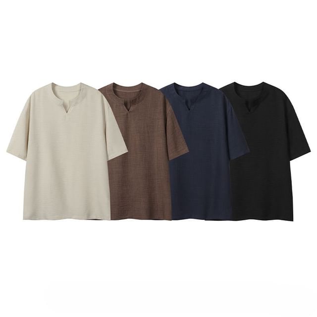 Lefitt-Elbow-Sleeve Notch Neck Plain T-Shirt