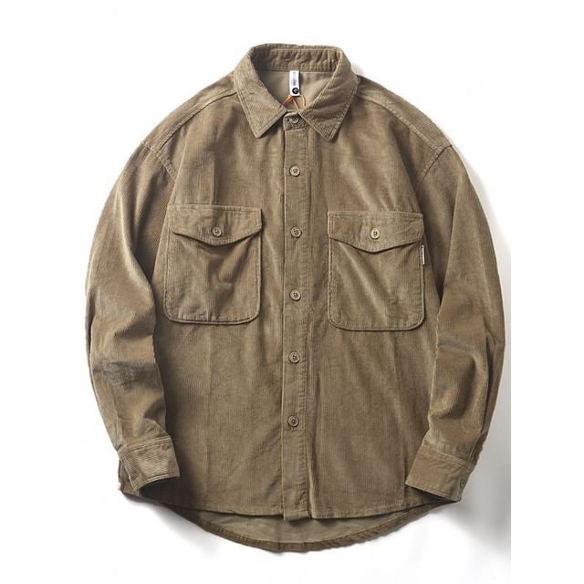 Lefitt-Long-Sleeve Collared Corduroy Button Up Shirt