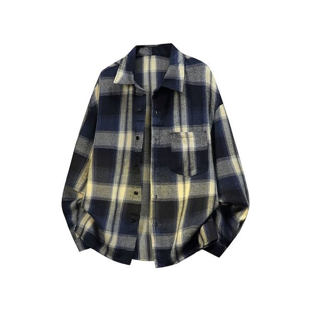 Lefitt-Long-Sleeve Collared Drop Shoulder Plaid Oversized Shirt
