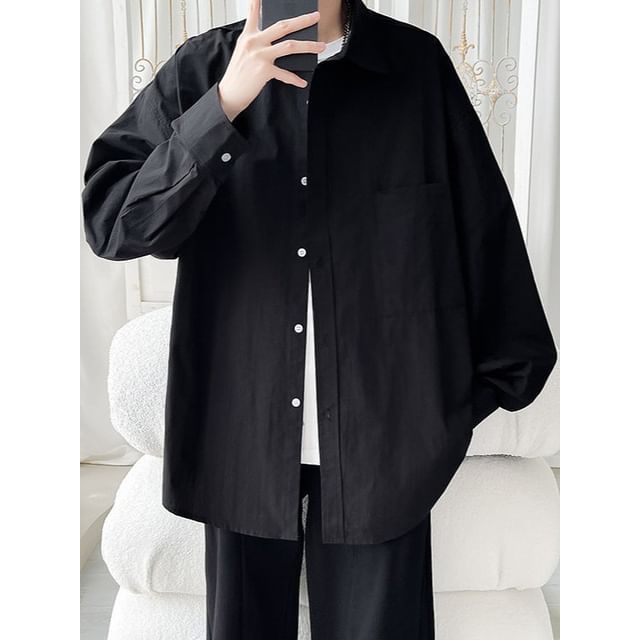 Lefitt-Long-Sleeve Collared Drop Shoulder Plain Oversized Shirt