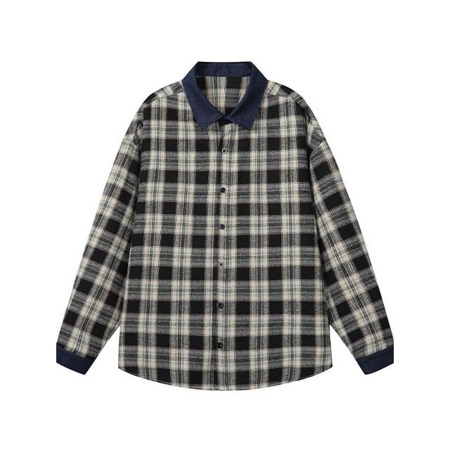 Lefitt-Long Sleeve Collared Plaid Panel Denim Shirt