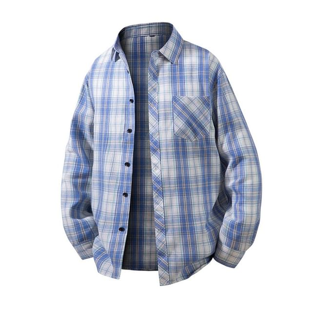 Lefitt-Long Sleeve Collared Plaid Shirt