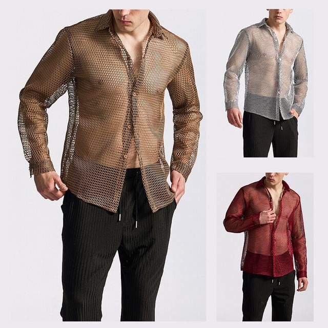Lefitt-Long Sleeve Collared Plain See Through Mesh Shirt