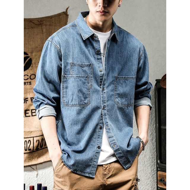 Lefitt-Long-Sleeve Collared Washed Denim Button Up Shirt