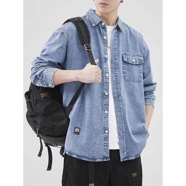 Lefitt-Long-Sleeve Collared Washed Denim Button Up Shirt