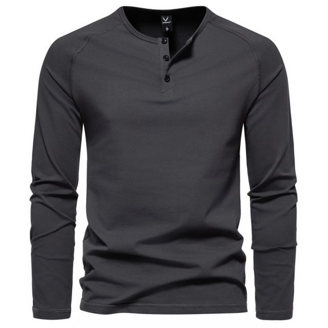 Lefitt-Long-Sleeve Henley Plain T-Shirt