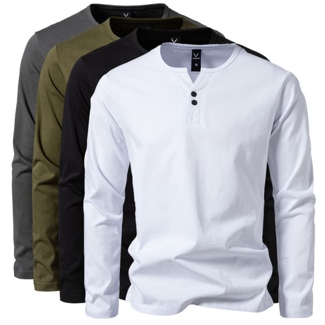 Lefitt-Long-Sleeve Henley Plain T-Shirt