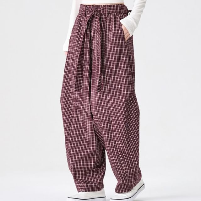 Lefitt-Mid Rise Plaid Barrel Leg Pants