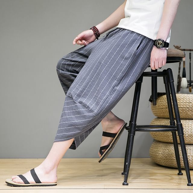 Lefitt-Mid Rise Striped Crop Harem Pants
